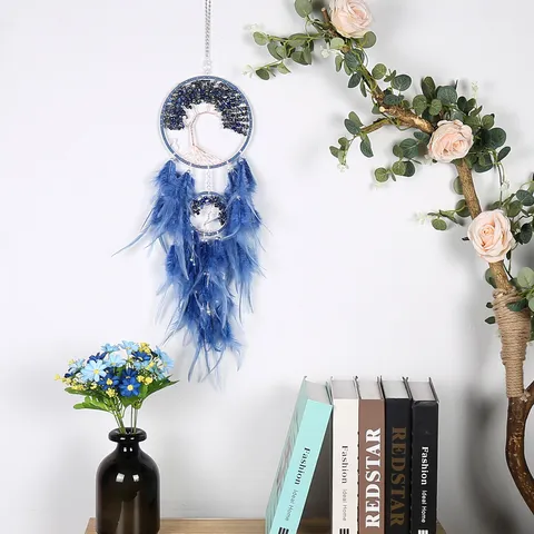 Natural Crystal Gravel Tree Of Life Dream Catcher Wall Hanging Decor Feather Wind Chime Handcrafted Ornament Gift
