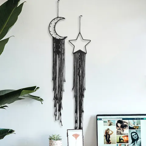 Modern Minimalist Cotton Line And Iron Ring Moon And Star Tapestry Wall Hanging Home Living Room Bedroom Decor
