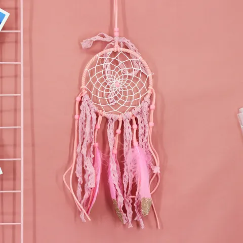 Handmade Feather Dream Catcher Wall Hanging Decor Pink White Lace Dreamcatcher Wind Chime Home Bedroom Gift