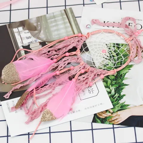 Handmade Feather Dream Catcher Wall Hanging Decor Pink White Lace Dreamcatcher Wind Chime Home Bedroom Gift