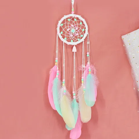 Nordico Fatto a Mano Acchiappasogni Decorazione da Appendere alla Parete Con Piume Fiori di Simulazione Luci LED Ragazza Stanza Camera da Letto Decorazione