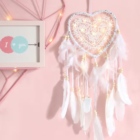 Acchiappasogni a Forma di Cuore Fatto a Mano Appendiabiti da Parete Piuma Pizzo Luci LED Decorazione per Camera Festa di Matrimonio