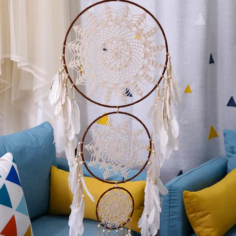 Bohemian Large Three Ring Woven Feather Dream Catcher Wall Hanging Decor Handmade Iron Ring Feather Ornament For Bedroom