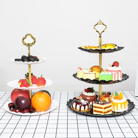 Style Européen Assiette à Fruits à Paliers en Plastique Support à Gâteau de Dessert Plateau d'Affichage en Dentelle Creuse Fête Mariage Cuisine Vaisselle