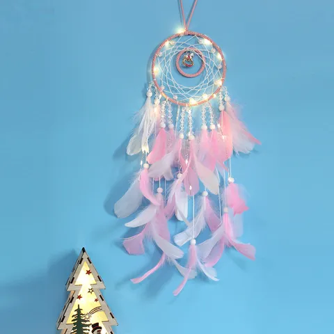 Doppelter Kreis Karussell Traumfänger Windspiel Süßes Mädchen Dekoratives Hängendes Ornament Feder Led Licht Wanddekor