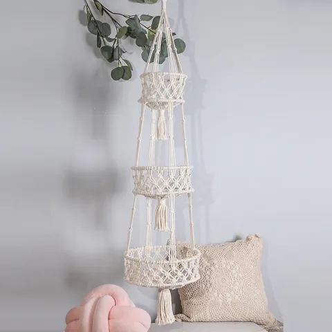 Handmade Cotton Rope Hanging Basket Tiered Woven Plant Hanger Wall Decor Tapestry Fruit Holder For Home Living Room