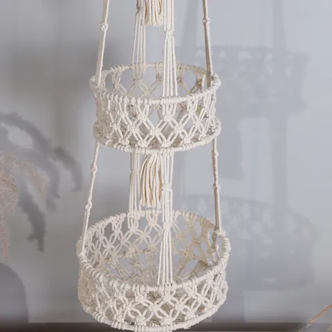 Handmade Cotton Rope Hanging Basket Tiered Woven Plant Hanger Wall Decor Tapestry Fruit Holder For Home Living Room