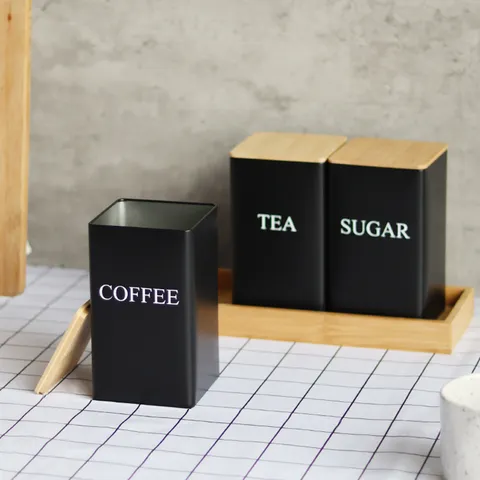 Nordisch Eisen Bambus Deckel Tee Kaffee Zucker Vorratsdose Set Küche Luftdicht Metall Organizer Behälter Heimdekoration