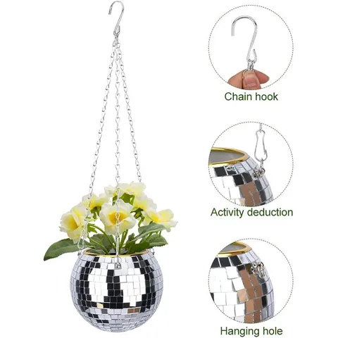 Mirror Disco Ball Planter With Hanging Chain And Hook Glass Plastic Indoor Outdoor Plant Flower Pot Home Garden Decor