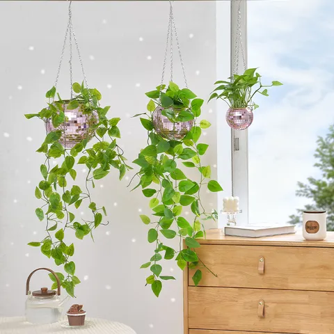 Disco Ball Planter Hanging Flower Pot With Mirror Glass Mosaic Pink Planter Basket For Indoor Home Garden Decor
