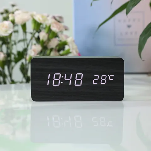 Minimalist Wooden LED Digital Alarm Clock Voice Control Mute Desktop Electronic Clock USB Battery Powered Home Decor