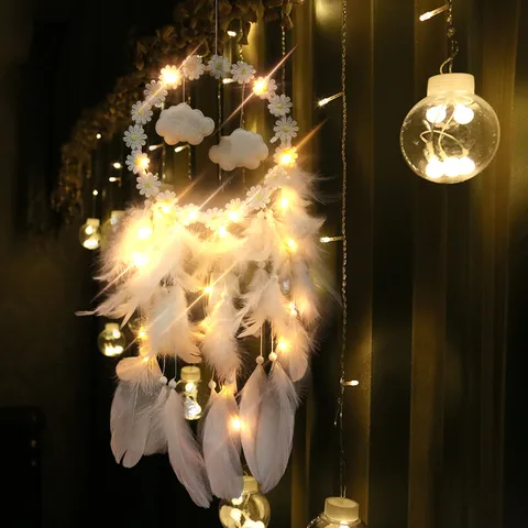 Acchiappasogni in Piuma Fatto a Mano Decorazione da Appendere a Parete Nuvola Acchiappasogni con Luci LED per Camera da Letto Casa Auto
