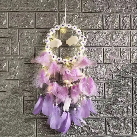 Acchiappasogni in Piuma Fatto a Mano Decorazione da Appendere a Parete Nuvola Acchiappasogni con Luci LED per Camera da Letto Casa Auto