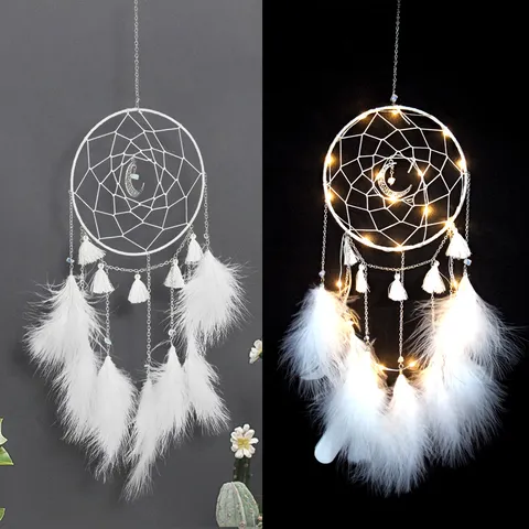 LED Light Dream Catcher Feather Moon Wall Hanging Decor Handmade Home Bedroom Living Room Decoration Ornament
