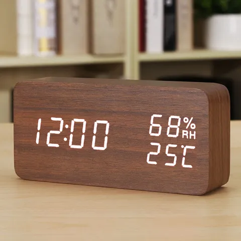 Wooden LED Digital Alarm Clock Modern Minimalist Desk Clock With Temperature Humidity Voice Control For Bedroom Office Home