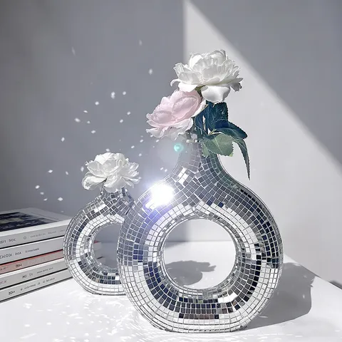 Disco Ball Donut Glas Vase Spiegel Mosaik Retro Desktop Blumenvase Moderne Ästhetische Raumdekoration Zuhause Wohnzimmer