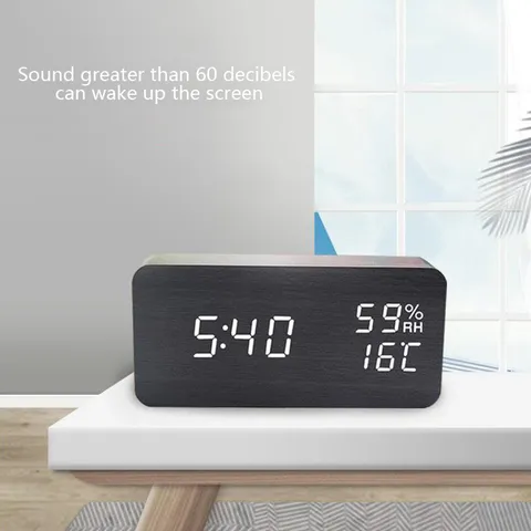 Wooden LED Digital Alarm Clock Modern Minimalist Desk Clock With Temperature Humidity Voice Control For Bedroom Office Home