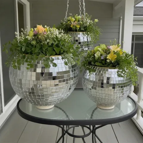 Mirror Disco Ball Planter With Hanging Chain And Hook Glass Plastic Indoor Outdoor Plant Flower Pot Home Garden Decor