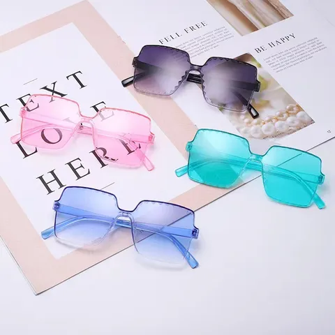 Lunettes de Soleil Monobloc Sans Monture pour Enfants Tendance Bord Coupé Carrées Couleurs Bonbon pour Enfants Mode Élégante