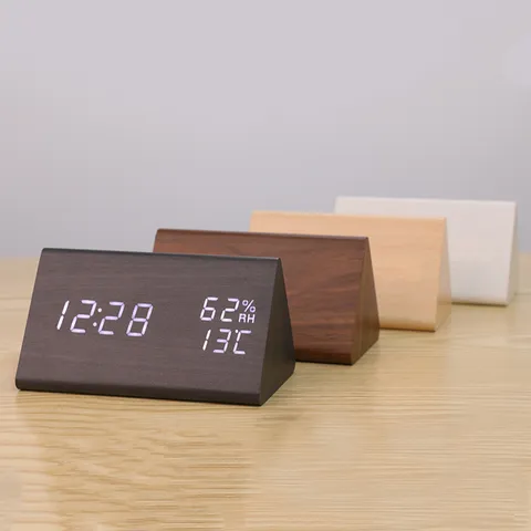 Wooden Triangle LED Alarm Clock Digital Temperature Humidity Display Desktop Electronic Wood Clock for Home Office