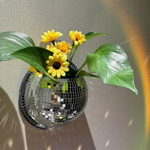 Creative Disco Ball Wall Hanging Flower Pot Glass Acrylic Mirror Mosaic Planter Modern Home Decor Hydroponic Vase