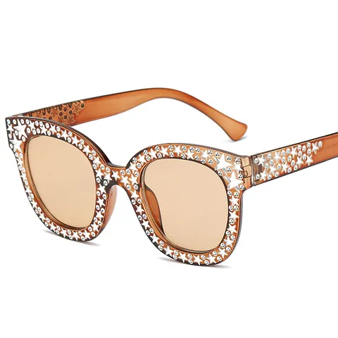Mode Große Quadratische Sonnenbrille Für Damen Stern Strass Verziert PC AC Rahmen UV400 Schutz Trendige Brillen Outdoor Zubehör
