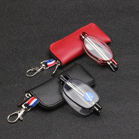 Portable Foldable Reading Glasses Anti-Blue Light Metal Frame Elderly Glasses With Leather Case Business Eyewear