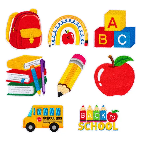 Cute Cartoon School Supplies Embroidery Patches Pencil School Bag Book Apple Iron On Patches For Clothing DIY