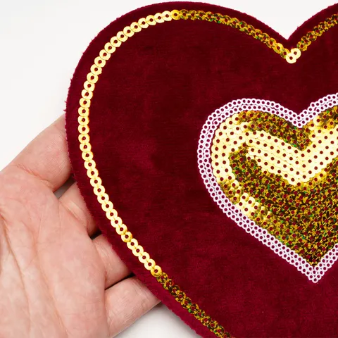 Large Love Heart Sequin Embroidery Patch Flannel Peach Heart Shape Iron On Clothes DIY Applique Clothing Accessories
