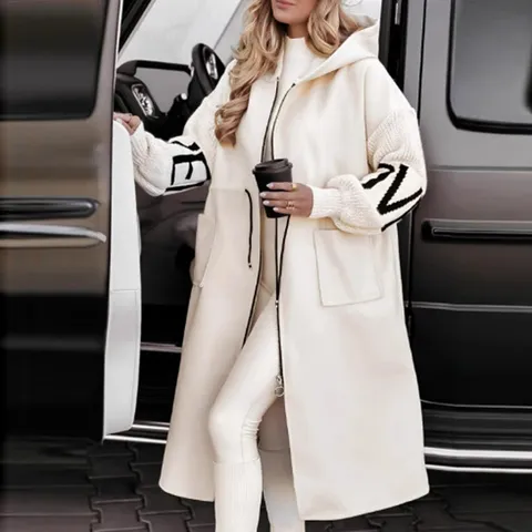Women's Loose Casual Long Hooded Trench Coat Spliced Sweater Outerwear British Style Long Sleeve Zipper Pocket Jacket
