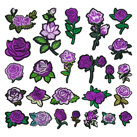 Parches Bordados a Máquina de Flor de Rosa Morada Termoadhesivos Aplicación de Tela Para Reparación de Ropa y Decoración de Prendas