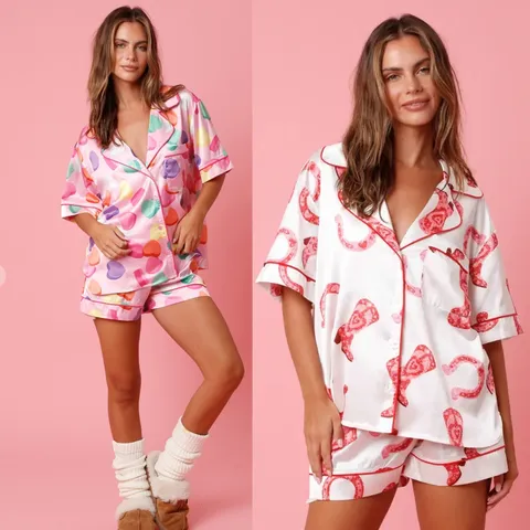 Women Satin Printed Pajama Set Short Sleeve Lapel Top And Bottom Loungewear Casual Loose Home Wear Sleepwear For Ladies