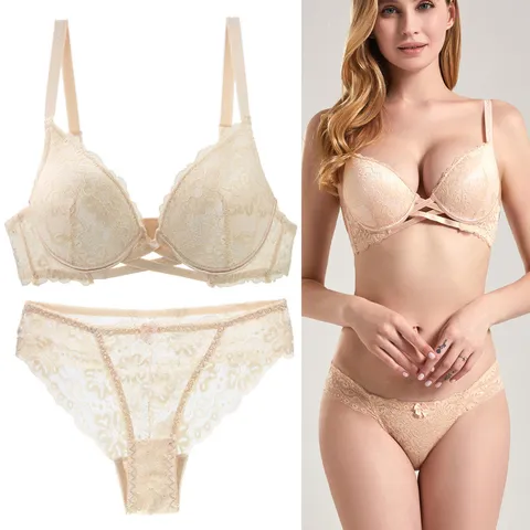 Women Sexy Lace Cotton Bra Set Plus Size Floral Embroidery Push Up Underwired Lingerie Top And Bottom Set