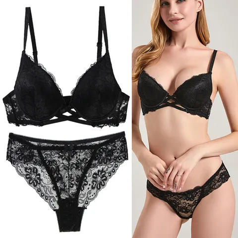 Women Sexy Lace Cotton Bra Set Plus Size Floral Embroidery Push Up Underwired Lingerie Top And Bottom Set