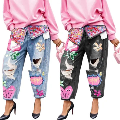 Vaqueros Hip Hop Rasgados con Diamantes de Imitación para Mujer Pantalones de Mezclilla Estampados Calados Streetwear
