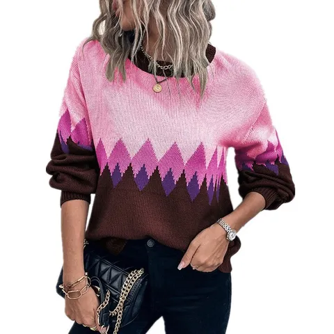 Women's Vintage Argyle Contrast Color Knit Sweater Elegant Loose Round Neck Long Sleeve Pullover Soft Acrylic Warm Top