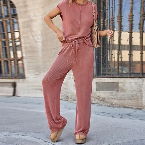 Conjunto Casual de Camiseta y Pantalón de Punto Acanalado para Mujer Cuello Redondo Manga Corta Pantalón de Pierna Ancha
