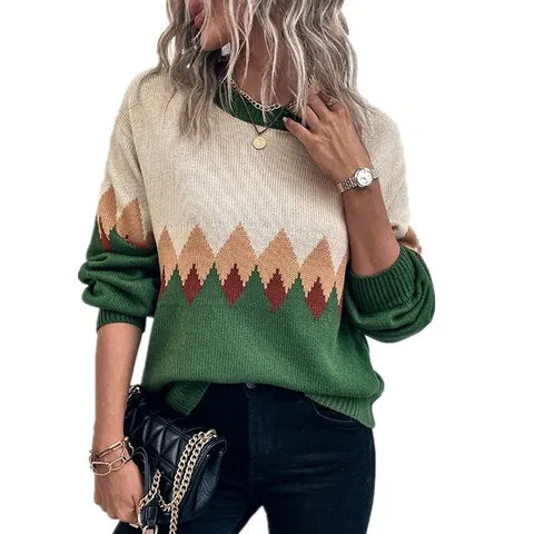 Women's Vintage Argyle Contrast Color Knit Sweater Elegant Loose Round Neck Long Sleeve Pullover Soft Acrylic Warm Top