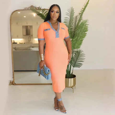 Women's V Neck Denim Patchwork Bodycon Dress Elegant Short Sleeve Slim Fit Midi Pencil Dress Casual Office Lady Apparel
