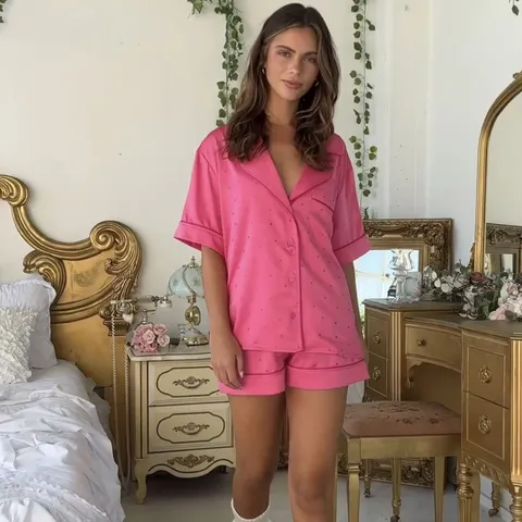 Women Satin Printed Pajama Set Short Sleeve Lapel Top And Bottom Loungewear Casual Loose Home Wear Sleepwear For Ladies