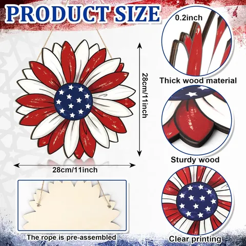 Cartello Sposeso in Legno Girasole Giorno dell'Indipendenza Targhetta da Parete Patriottica Rustica Decorazione per Porta d'Ingresso