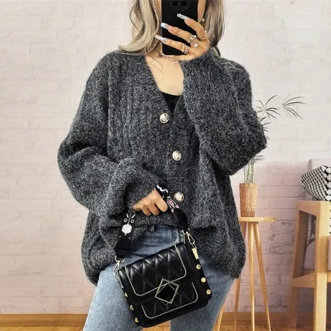Mujeres Retro Engrosado Cuello en V Manga Larga Un Pecho Tejido Cardigan Suéter Otoño Casual Holgado Abrigo
