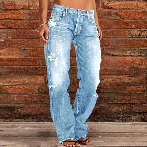 Women's High Waist Ripped Washed Flare Jeans Slim Fit Distressed Denim Long Pants Casual Streetwear Trousers