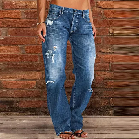 Women's High Waist Ripped Washed Flare Jeans Slim Fit Distressed Denim Long Pants Casual Streetwear Trousers