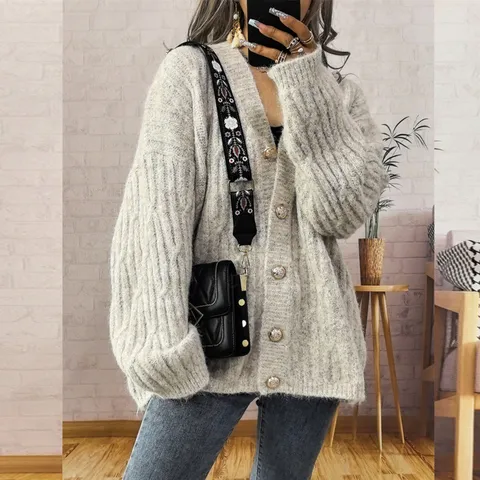Mujeres Retro Engrosado Cuello en V Manga Larga Un Pecho Tejido Cardigan Suéter Otoño Casual Holgado Abrigo