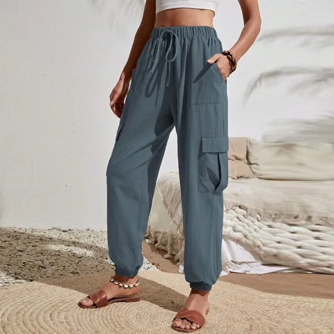Women's Casual Cargo Pants Solid Color Loose Fit High Waist Drawstring Cuffed Long Trousers Streetwear Pocket Pants