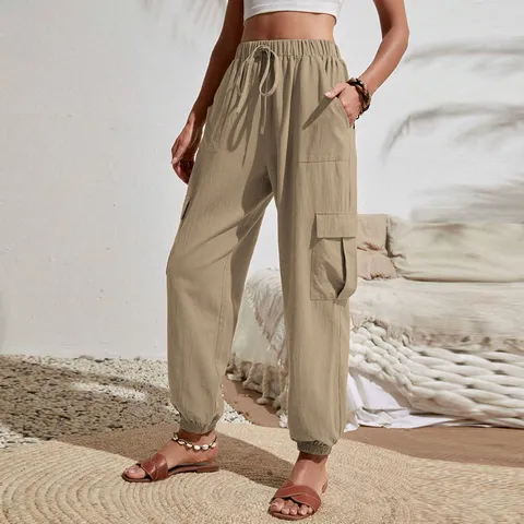 Women's Casual Cargo Pants Solid Color Loose Fit High Waist Drawstring Cuffed Long Trousers Streetwear Pocket Pants