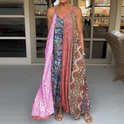 Vestido Largo Maxi Estampado Sin Mangas Cuello V Bohemio Resort Para Mujer Vestido Suelto Ropa Casual De Verano