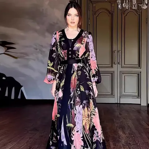 Women's Fashion Casual V-Neck Long Sleeve A-Line Maxi Dress Elegant Floral Print Long Dress with Inner Slip Matching Set