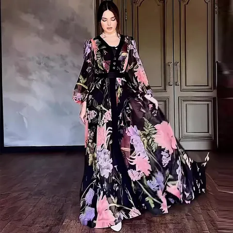 Women's Fashion Casual V-Neck Long Sleeve A-Line Maxi Dress Elegant Floral Print Long Dress with Inner Slip Matching Set